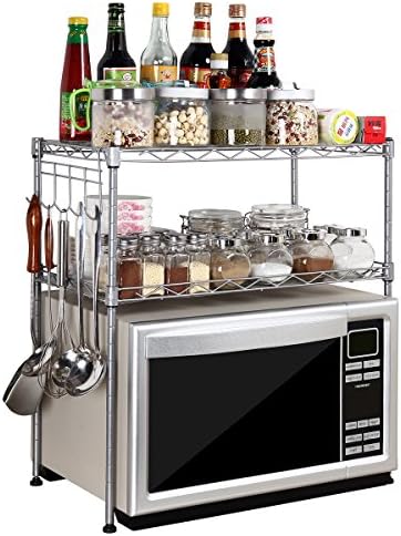 USUN Silver Steel 2-Tier D30cm W55cm H55cm Adjustable Microwave Oven Storage Rack Kitchen Tableware Shelves Counter and Cabinet Shelf with 4 Side Hooks WJG3055-SL