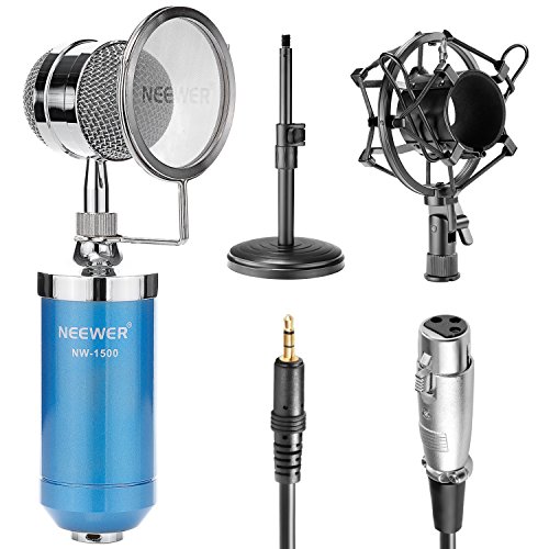 Neewer® Blue NW-1500 Desktop Broadcast & Recording Condenser Microphone with 3.5mm Male to XLR Female Cable, Adjustable Iron Desktop Mic Stand, Metal Shock Mount and Build-in Pop Filter