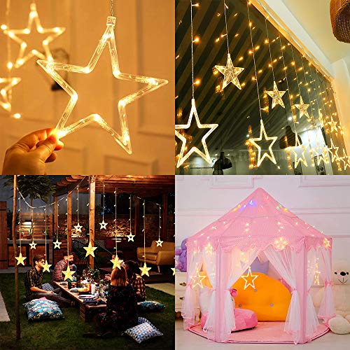 TOFU Star Curtain Lights, 7.2ft x 3.3ft 138 LED Waterproof Window Lights with 12 Stars 8 Flashing Modes RF Remote, Indoor Outdoor Decoration for Christmas, Bedroom, Wedding, Party, Patio, Warm White