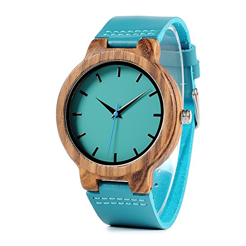 BOBO BIRD Men's Bamboo Wooden Watch with Blue Cowhide Leather Strap Japanese Quartz Movement Casual Watches