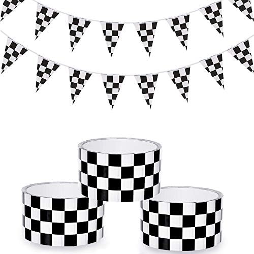 Homgaty 3 Rolls Checkered Flag Tape Black and White Checkerboard Tape with 26 Ft Racing Pennant Flag Banners,Race Car Party Supplies ϼ† Decorations