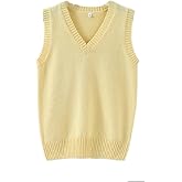 Men Women Knitted Cotton V-Neck Vest JK Uniform Pullover Sleeveless Sweater School Cardigan Yellow
