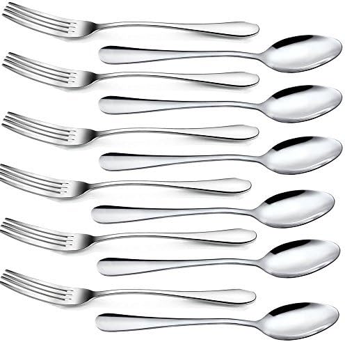 Glittermall Pack of 12pcs 6'' Stainless Steel Cocktail Tasting Appetizer Cake Fruit Forks and Tea Dinner Server Spoon Kitchen Accessory Wedding Party (6 forks 6'' and 6 spoons 6'')