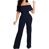 HugeNice Women's Sexy Off Shoulder Ruffle Jumpsuits Elegant Wide Leg Long Pants Clubwear Rompers with Pockets