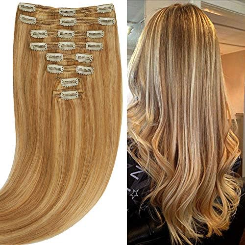 200g Real Triple Weft Extra Thick Clip in 100% Remy Human Hair Extensions Full Head (22 inch 7.05Oz #12P613 Golden Brown/Bleach Blonde) 8 Pcs Set Grade 10A Natural Hair Pieces Long Straight for Women