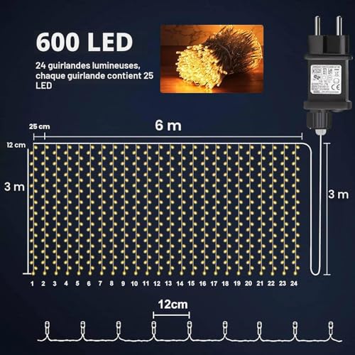 Joycome Light Curtain, 6 x 3 m, 600 LEDs, Mains Powered Light Curtain, 8 Modes String Lights for Interior, Outdoor, Wall, Bedroom, Ceiling, Balcony, Wedding Decoration – Warm White