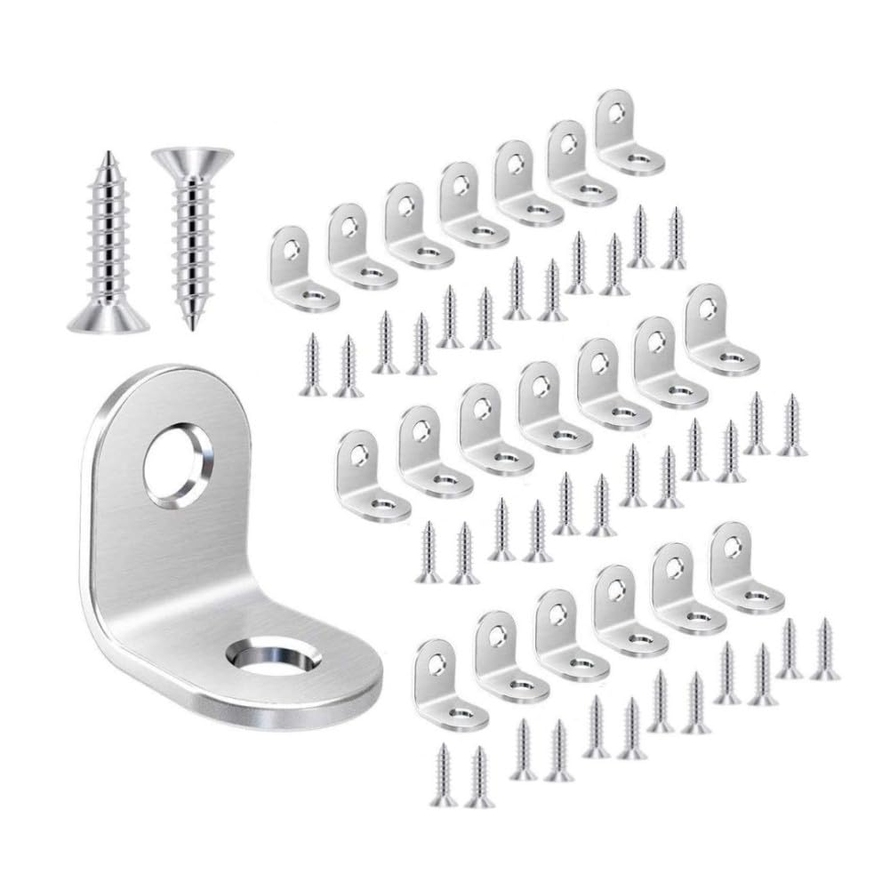 20 Pieces Corner Brackets L-Shaped Brackets for L-Shaped Shelves of 90° Corner Brackets in Stainless Steel 20 x 20 with 40 Pieces of Screws, for Furniture, Shelves, Wooden Chairs, Tables