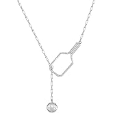 Pickleball Lariat Plus Paddle Necklace - Sterling Silver with Rhodium Plating Crystals Pickleball Necklace for Women | Pickleball Jewelry, Christmas Gifts for Pickleball Lovers