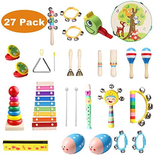 Childom Kids Musical Instruments 27PCS Wood Percussion Xylophone for Boys and Girls ,Child Wooden Music Shakers Percussion Instruments Tambourine Birthday Gifts Present