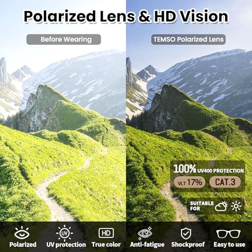 TEMSO Clip On Sunglasses Polarized Flip up Driving Glasses For Men Women,UV400 Protection|HD Vision|Anti Glare|Safe Driving