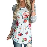 ZXZY Women Bohemian Crew Neck Striped 3/4 Sleeve Floral Print Shirt Blouse Tops