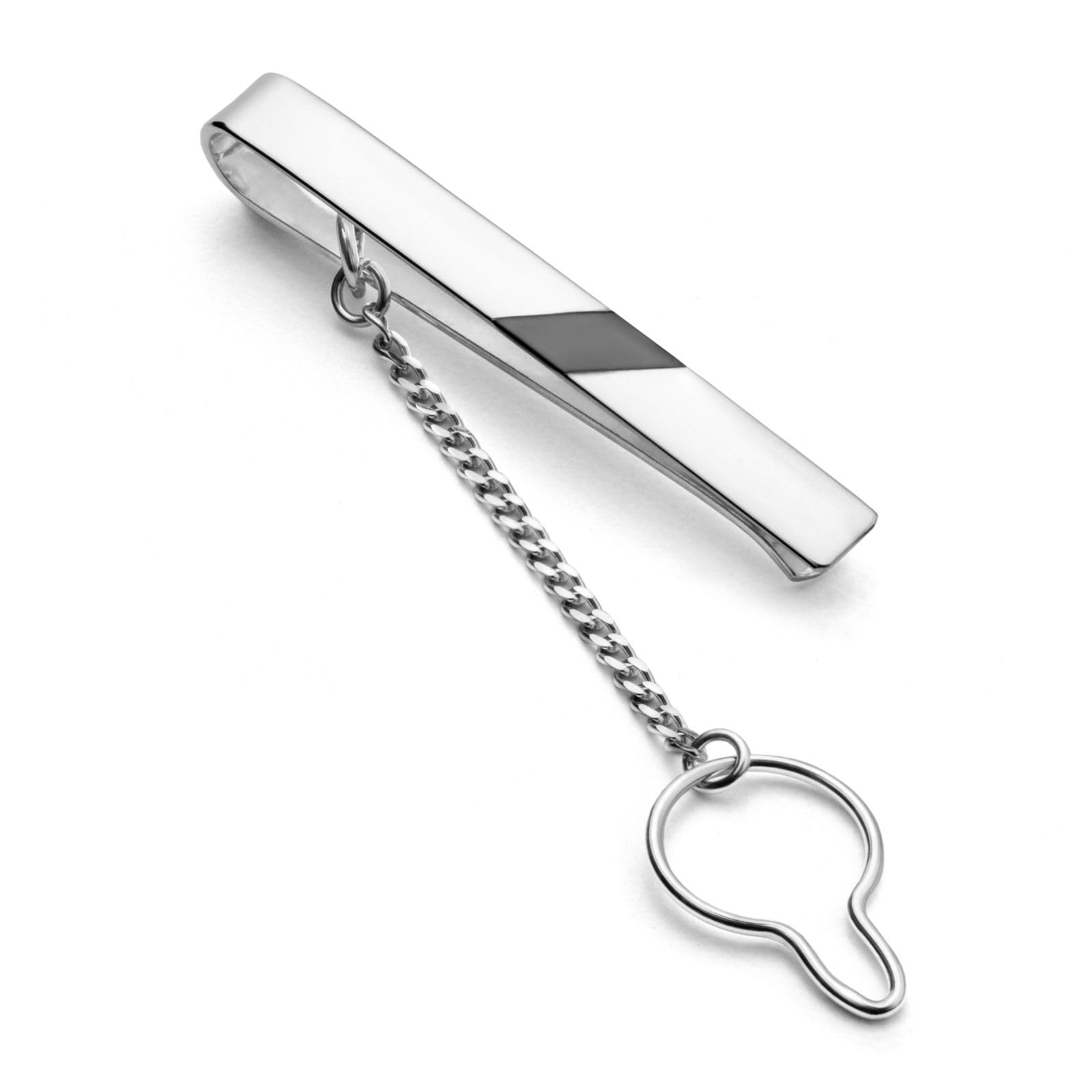 STERLL Premium Mens Silver Tie Clip With Oxidized Stripe And Chain