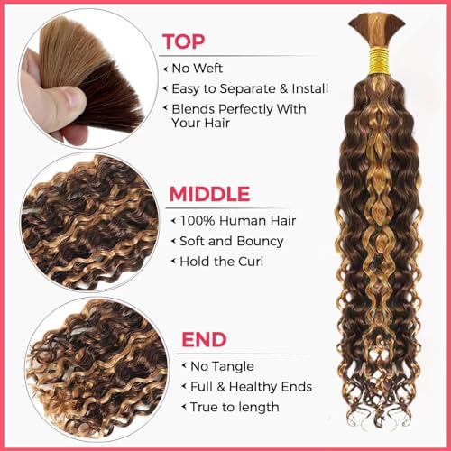 Human Braiding Hair 1 Bundle Water Wave Bulk Hair for Braiding 100% Unprocessed Brazilian Human Hair No Weft Highlight P4/27 Hair Extensions for Boho Braids (26 inch/50g)