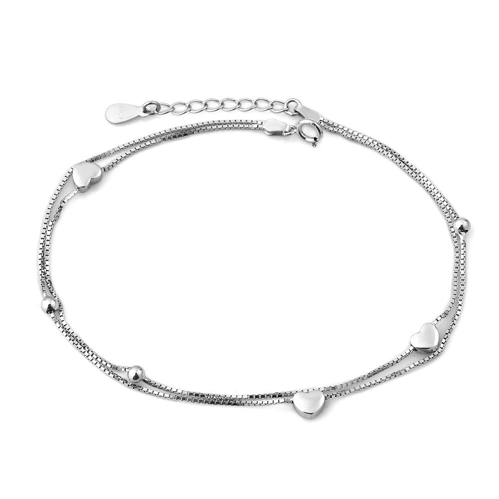 Veraing 925 Sterling Silver Indian Heart Love Double Chain Adjustable beaded Ankle Bracelets Anklet