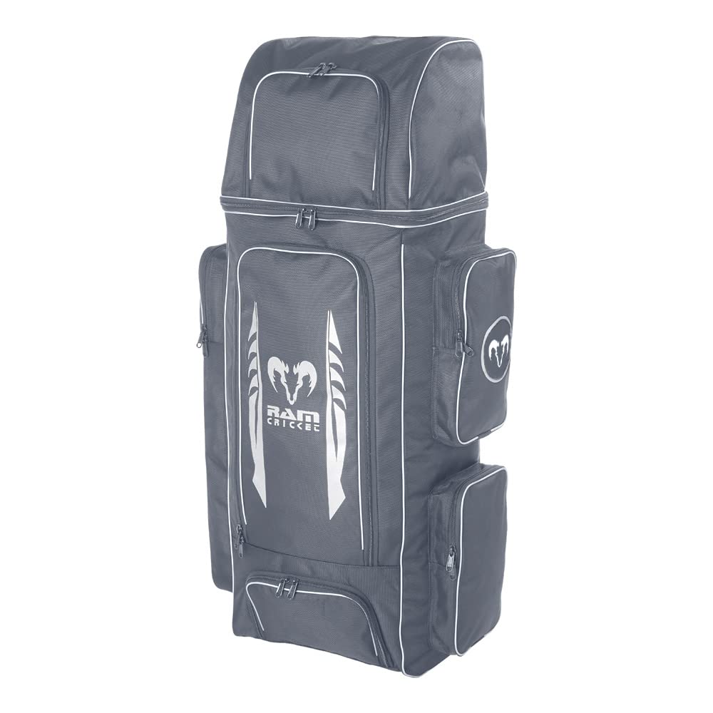 Ram Cricket Duffle Kit Bag – Senior & Junior Sizes – Durable Cordura Material, Y2K-Nylon Grade 8 Zips, Padded Shoulder Straps, Large 105L Capacity, Helmet, Bat & Shoe Pockets, Side Storage – Dark Grey