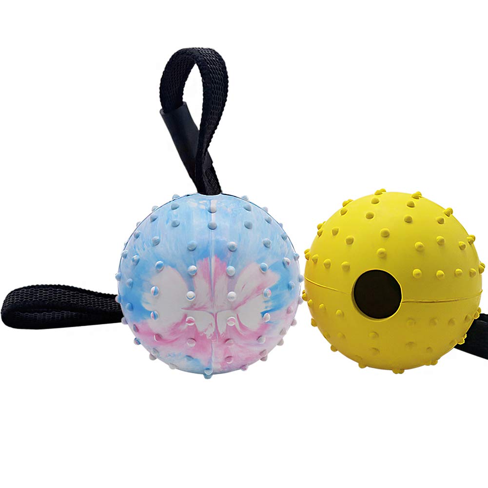 Vivifying Dog Ball on a Rope, 2 Pack Natural Interactive Rubber Dog Ball for Fetch, Catch, Throw and Tug of War (Colorful + Yellow)