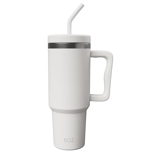 BOZ 40 oz Tumbler with Handle and Straw Lid - Cupholder-Friendly, Insulated Stainless Steel Water Bottle, Reusable Travel Mug, Ideal for Hot & Cold Beverages (White)
