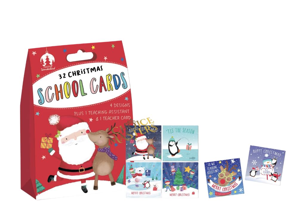 32 x Children's Seasonal Xmas Cards | School Pack For Class Friends & Teachers | Christmas Cards With 4 Designs With 1 X Teacher Card And 1 X Teaching Assistant Card (With Red Box)