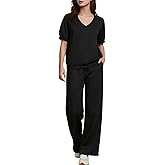 cold pudding Women’s 2 Piece Lounge Sets, Summer V Neck Short Sleeve Tops & Wide Leg Sweatpants