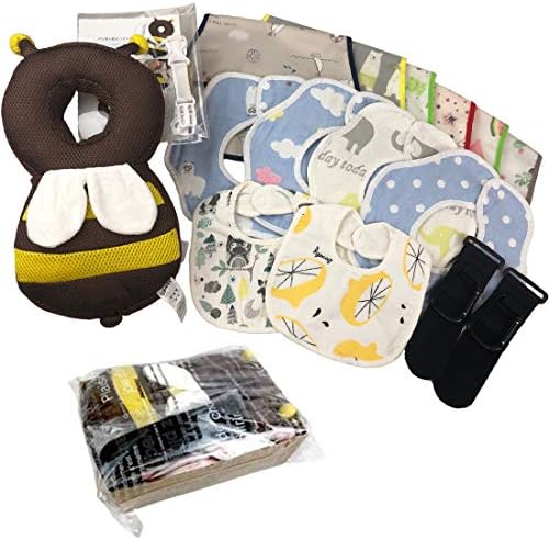 赤ちゃんグッズ 詰め合わせ ラッピング済み 男の子用 赤ちゃんリュック ヘッドガード ベビーカーフック 食事エプロン スタイ セット おしゃれ よだれかけ メッシュ 夏仕様 滑り止めハーネスベルト付き バスケットアルファベット