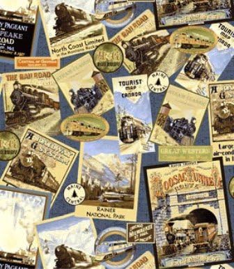 2 yard PRECUT-Locomotives on Postcards on a blue background 100% Cotton Fabric (Great for Quilting, Sewing, Craft Projects, Throw Pillows &amp; More) Pre-cut 2 Yards X 44" Wide