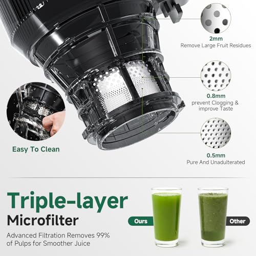 AMZCHEF Cold Press Juicer with 165mm Large Feed Chute, Slow Masticating Juicer for Whole Fruits & Vegetables, Triple Filter, Copper Motor, High Juice Yield, Easy to Clean, Grey