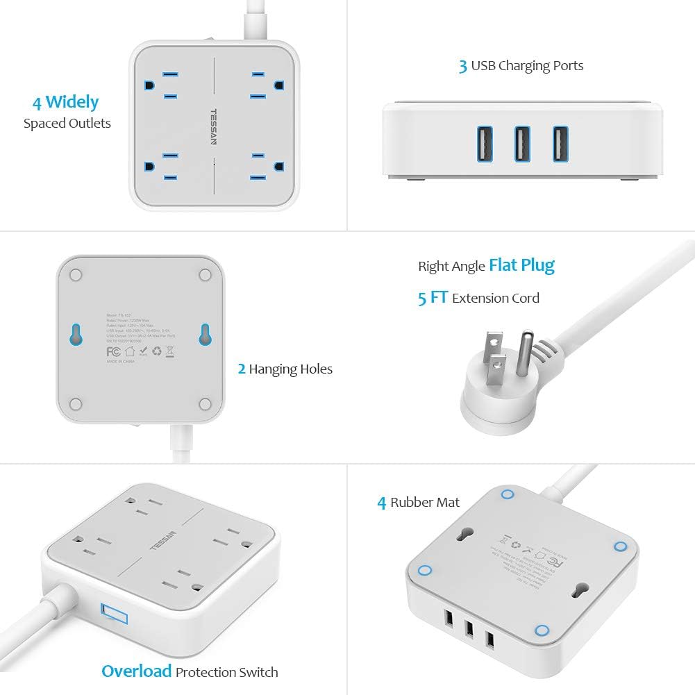 Power Strip with USB, TESSAN Mountable Flat Plug Extension Cord with 4 Widely Spaced Outlets, 3 USB Charger, 5 FT Power Cord, Compact Size Charging Station for Home, Office, Dorm Essentials, Gray: Home Improvement