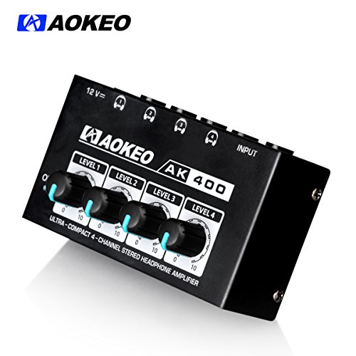 Aokeo Super Compact 4-Channel Stereo Headphone Amplifier with DC 12V Power Adapter for Sound Reinforcement, Studio, Stage, Choir, Features Ultra Low Noise, Premium Sonic Quality (AK-400)