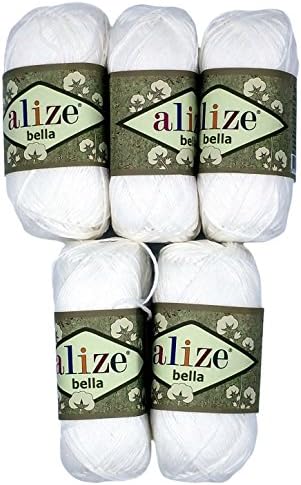 Alize Bella 5 x 50 grams single-colour cotton wool, 250 total grams (8,81oz) of 100% cotton knitting yarn 980 yds (900 meters) (white 55)