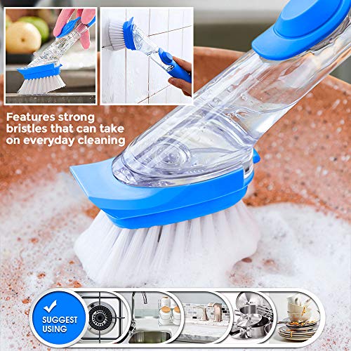 Kitchen Cleaning Brush Set Tools Dish Brush Cleaning Brush with Replacement Head (1 Bristles +3 Sponge Heads),Bottle Cleaning Brush,2 x Microfiber Cloths, for Kitchen or Bathroom Household