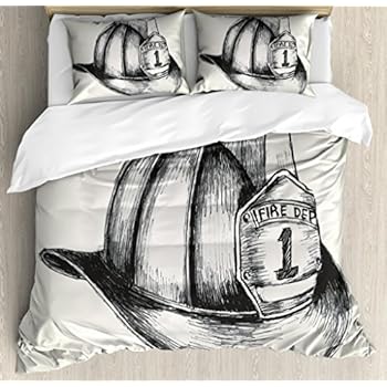 Lunarable Fireman Duvet Cover Set, Sketch Style Illustration a Firefighter The Fire Department, Decorative 3 Piece Bedding Set with 2 Pillow Shams, Queen Size, Charcoal Cream