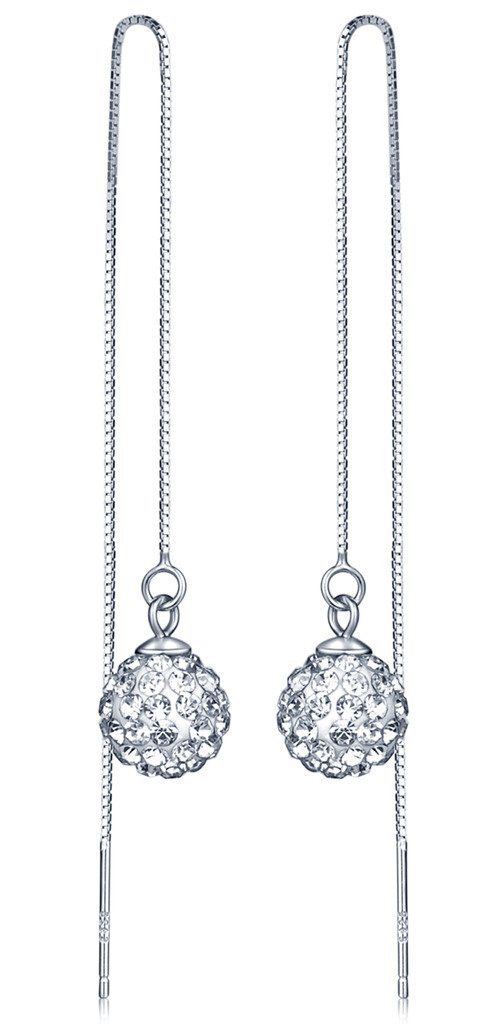 Infinite U 925 Sterling Silver 9mm Crystal Shamballa Ball Threader Long Drops Dangles Pull Through Chain Earrings for Women/Girls, Silver