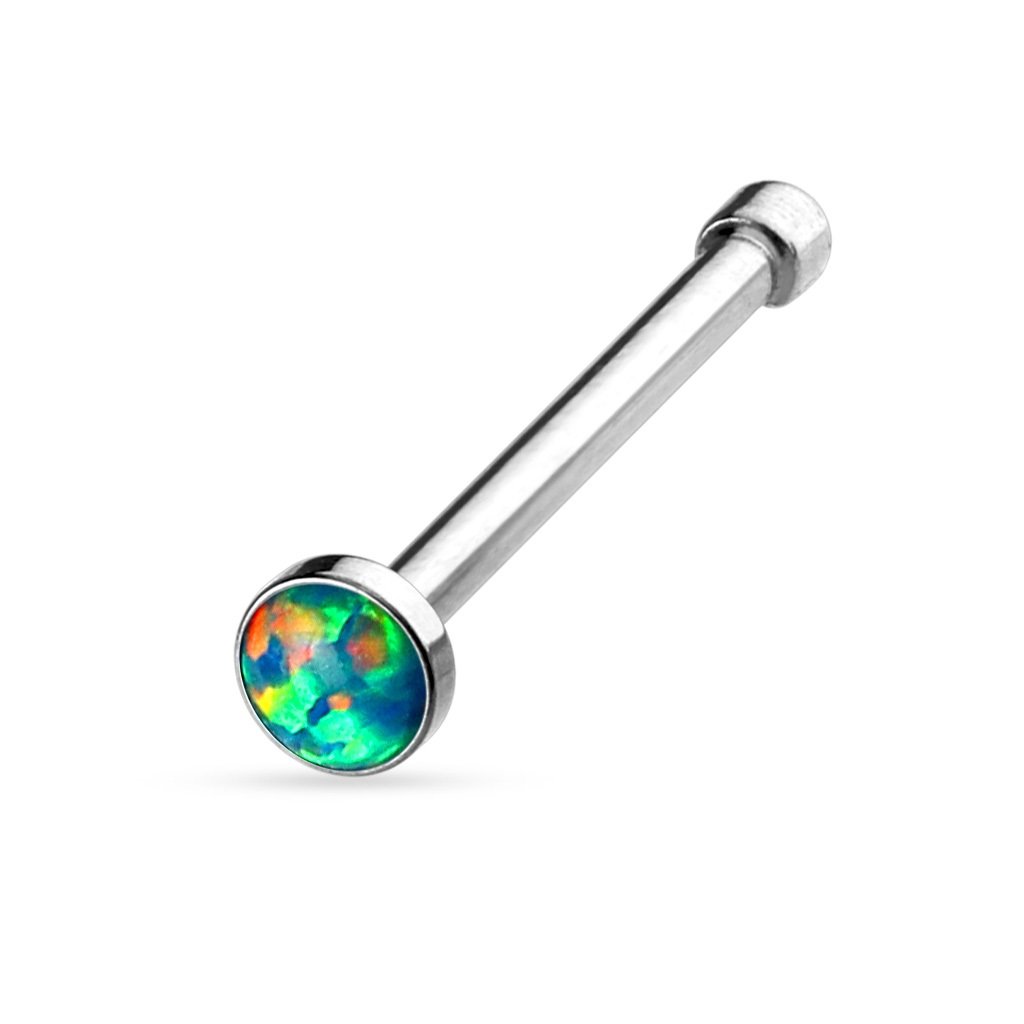 PiercedOff 316L Surgical Steel Nose Bone Stud with Flat Green Synthetic Opal Head - Thickness 20GA (0.8mm) / Length 6mm / Head Size 2.5mm