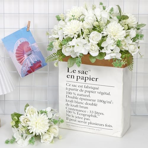 DEMIUKO 2 Bundles Artificial Flowers White Hydrangea Bouquet Spring Flowers Artificial Roses Like Real Fake Silk Flowers Decoration for Wedding Party Kitchen Table Home