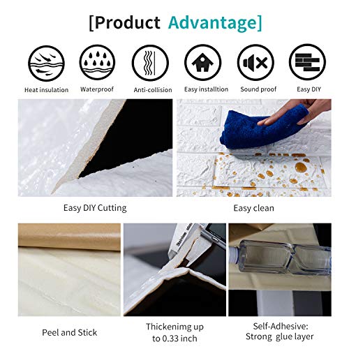 Regetek 3D Wall Panels Self-Adhesive Decorative Faux Foam Wallpaper for Interior TV Walls/Sofa Background Wall Decor DIY Peel and Stick Easy Installation (White Brick Wallpaper-10 Pack 58.13 sq.ft)