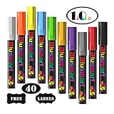 Chalk Markers, Blusmart 10pcs Bright Liquid Glass Window Pens with 40pcs Chalkboard Labels, Wet Wipe Erasable, 6mm Reversible Tips, Children Friendly