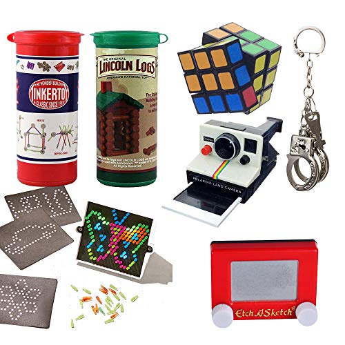 Worlds Smallest Toys Bundle Rubik's Cube, Coolest Polaroid Camera, Etch a Sketch, Lite Brite, Lincoln Logs, Tinker Toys and Pixiss Mini Handcuffs