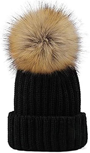 Yetagoo Kids/Adult Knitted Cozy Warm Winter Snowboarding Ski Hat With Faux Fur Pom Pom Slouchy Beanie Bobble Hat (Black, Adult)