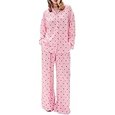 RUEWEY Women 2 Piece Pajama Set Heart Print Long Sleeves Button Down Lapel Shirt Long Pants Matching Sets Loungewear