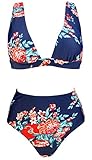 COCOSHIP Red Pink & Navy Blue Antigua Flower Retro High Waist Bikini Set Deep V-Neckline Top Concise Bathing Suit Swimwear 10(FBA)