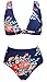 COCOSHIP Red Pink & Navy Blue Antigua Flower Retro High Waist Bikini Set Deep V-Neckline Top Concise Bathing Suit Swimwear 10(FBA)