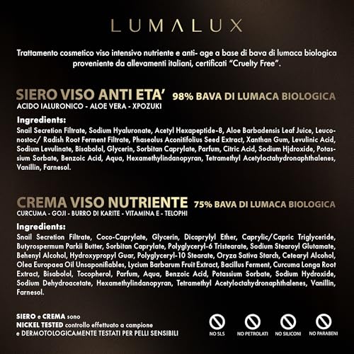 Lumalux - 2 in 1, Serum and Cream with Snail Slime 98% and 75% - Anti-Wrinkle Hyaluronic Acid and Aloe Vera