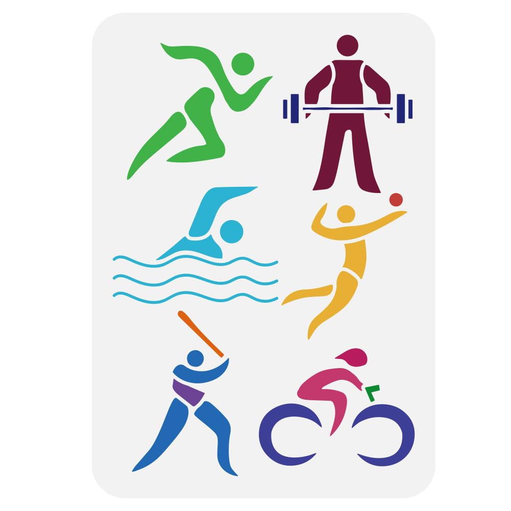 FINGERINSPIRE Sports Figures Stencil 21x29.7cm Running Sports Painting Stencils Weightlifting Swimming Drawing Large Stencils Playing Ball Riding Sports Templates for Tiles Floor Furniture Wood