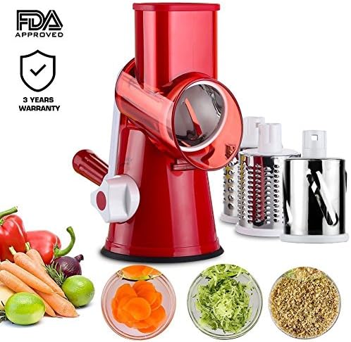 Vegetable Mandoline Chopper,Arcooy 3-Blades Manual Vegetable Slicer,Efficient and Fast Vegetablse Shredder, Veggie Pasta Salad Maker, Speedy Rotary Drum Grater Slicer with Strong-Hold Suction Cup(Red)