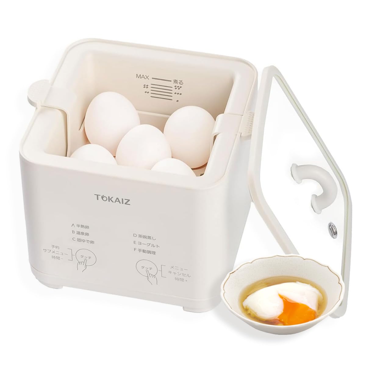TOKAIZ 【全自動調理 卵料理失敗ゼロ！】ゆでたまごメーカー 温泉卵 エッグクッカー 5個 ゆで卵メーカー 電気 ゆで卵器 温泉たまご器 半熟たまご スチームクッカー 温泉卵メーカー スチーマー 料理 蒸し器 調理器具 中身が見える サブメニュー 国内食品安全検測済 TCE-MEC01商品画像