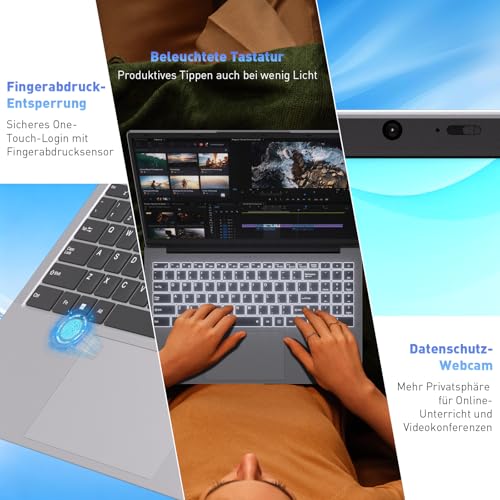 Auusda Laptop 17.3 Inch Notebook, 8GB DDR4 RAM 256GB SSD, 3250C Processor, Fingerprint Sensor, Illuminated Keyboard, Numeric Keypad, Privacy Camera Cover, Lightweight Notebook for School & Office