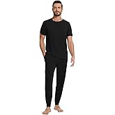 WiWi Men's Pajama Sets Viscose from Bamboo Sleepwear Short Sleeve Top and Pants Pjs Sets with Pockets Drawstring S-XXL