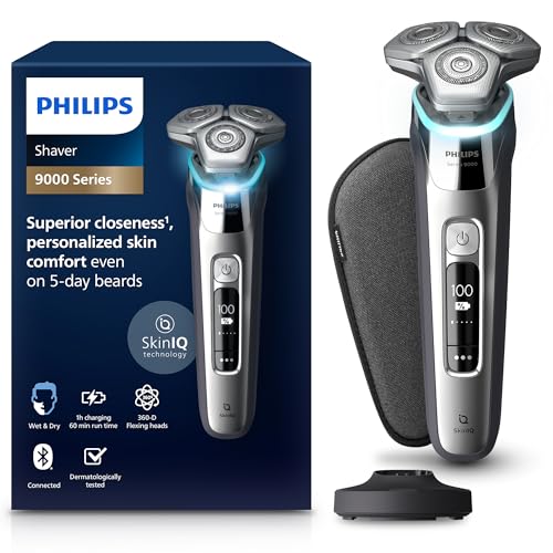 Philips Shaver S9000 - Rasoio elettrico Wet & Dry per uomo, con tecnologia Lift & Cut, tecnologia SkinIQ, rifinitore a scomparsa, supporto di ricarica e custodia da viaggio (modello S9975/35)