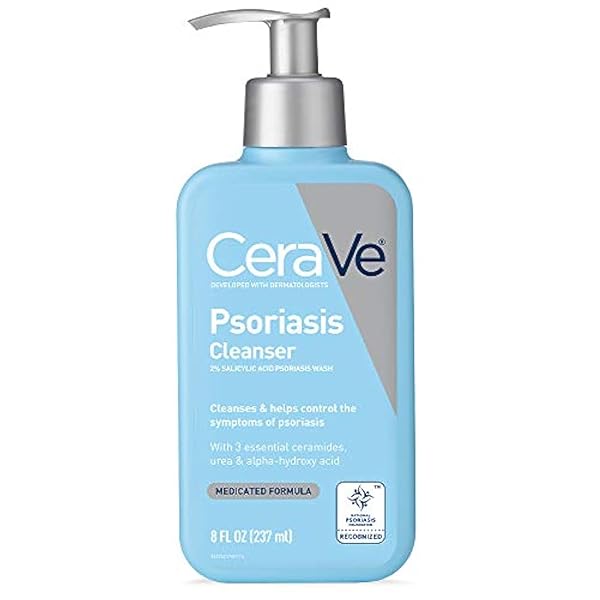 CERAVE CLEANSER FOR PSORIASIS TREATMENT, WITH SALICYLIC ACID FOR DRY SKIN ITCH RELIEF & LATIC ACID FOR EXFOLIATION, FRAGRANCE FREE & ALLERGY TESTED, 8 OUNCE