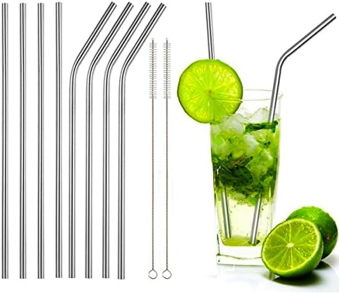 Stainless Steel Drinking Straws, Extra Long, Set of 8, 2 Free Cleaning Brushes Included